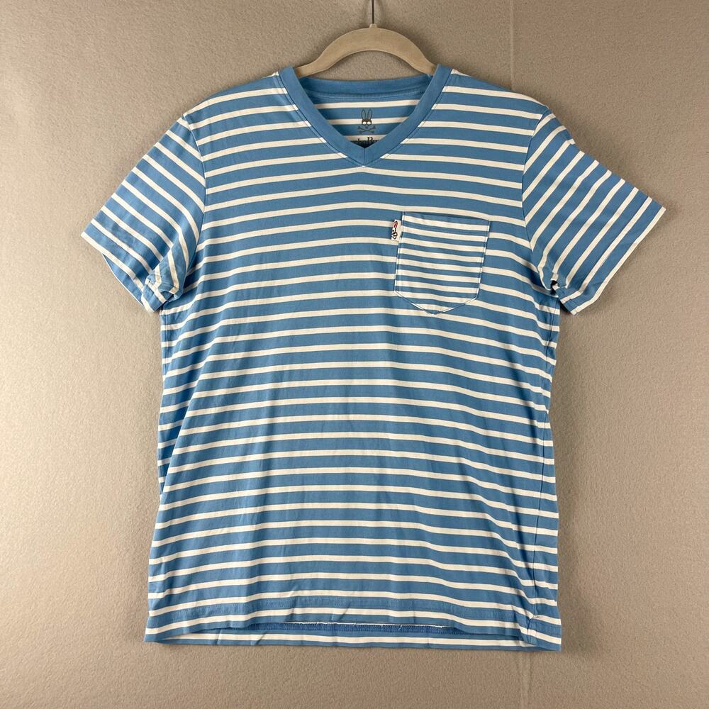 Psycho Bunny Top Womens XS 3 Blue Striped V Neck Pima Cotton Tee Casual Soft